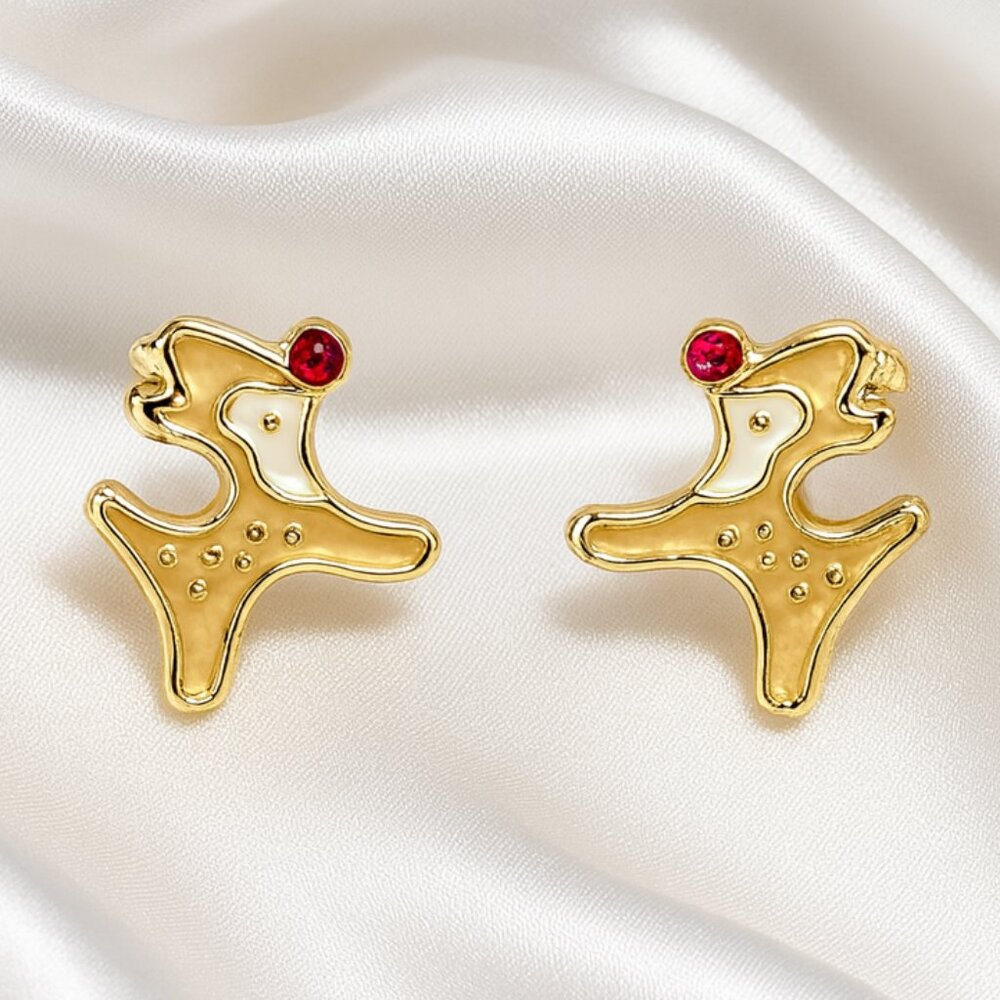 Gold Reindeer Stud Earrings – Rudolph Red Nose Christmas Holiday Jewelry Gift